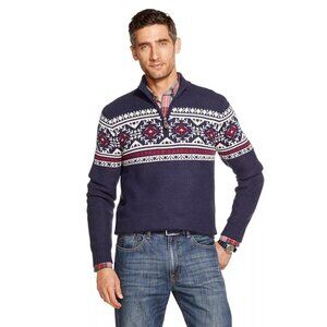 Izod Fair Isle Quarter Zip Sweater M Classic Fit Blue Red Holiday Pullover